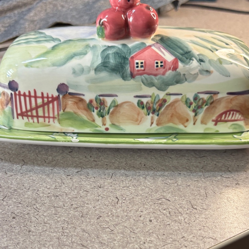 Hand-Painted Mismatched Ceramic Butter Dish with Pink Accents - Picture 7 of 7